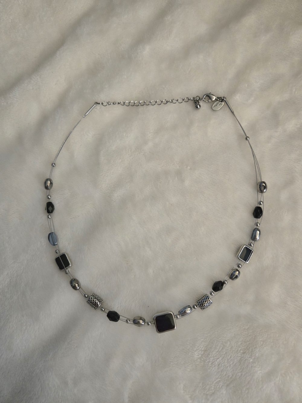 Lia Sophia Sterling Silver-Tone Black Stone Beaded Necklace